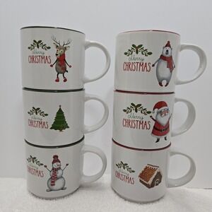 Bruntmor Set of 6 Large-sized 14 Ounce Christmas Holiday Ceramic Coffee Mugs